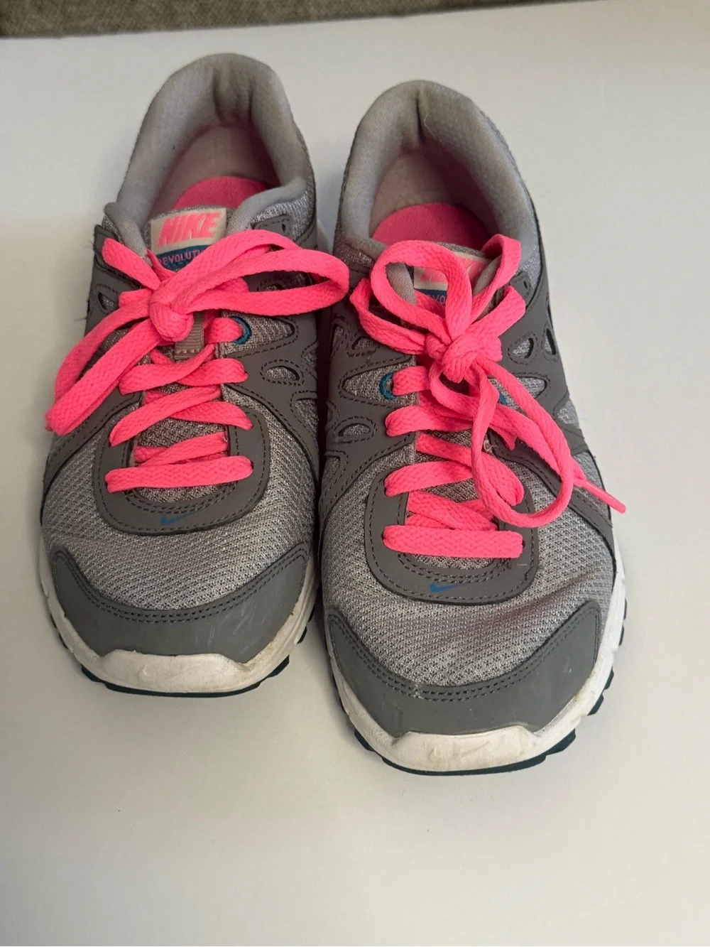 Nike Revolution Gray and Hot Pink Athletic Shoes with Teal Swoosh